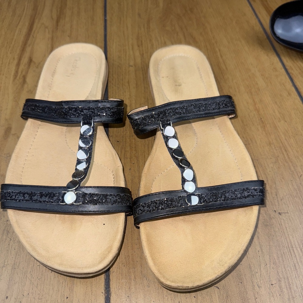 Cheeks Fit Body Black Sparkle Embellished Flat Sandals‎ Women's Size 10M
